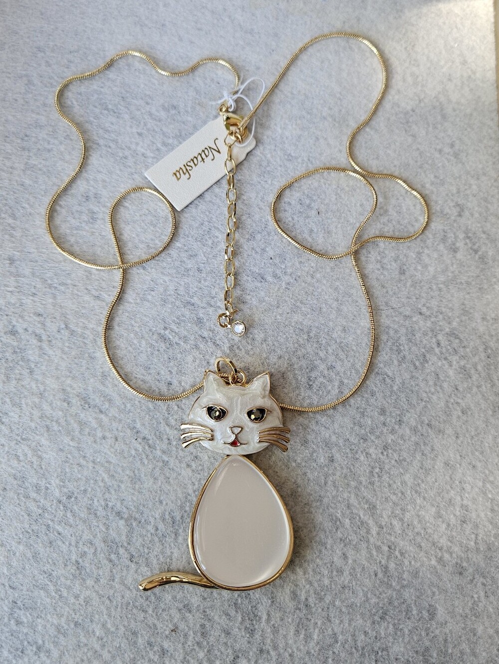 Natasha Gold-tone White Cat Pendant Necklace